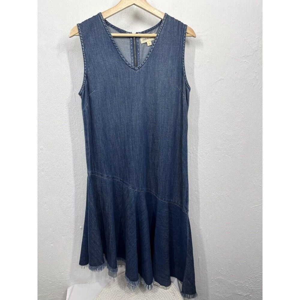 CLOTH & STONE WOMENS FIT AND FLARE DENIM DRESS RAW HEM SIZE SMALL SLEEVELESS